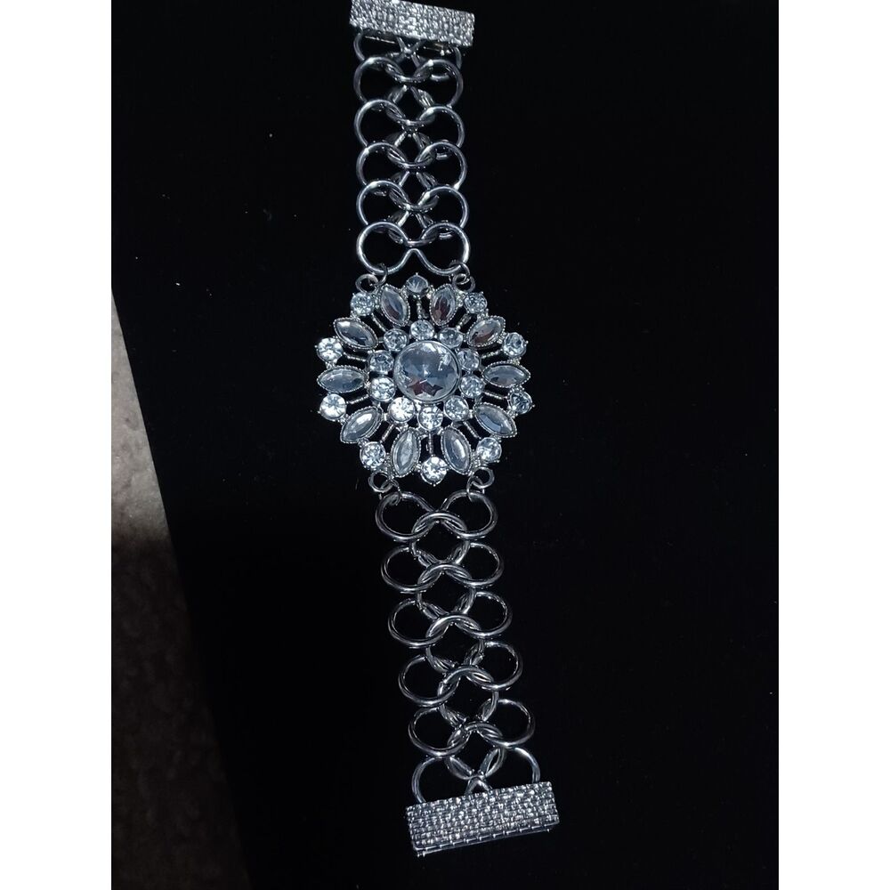 Silver-Toned Cuff Bracelet w/ Ornate Floral Center, 8" - Picture 2 of 4